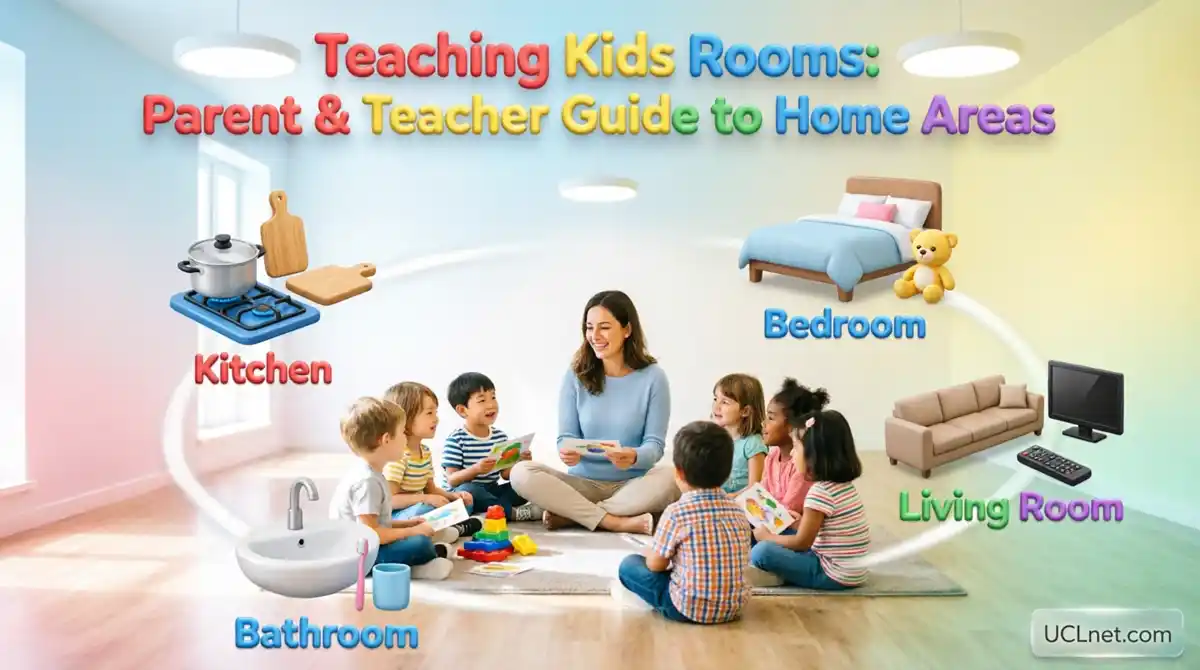 3D educational infographic teaching kids rooms with diverse children learning kitchen bedroom living room bathroom vocabulary - UCLnet.com