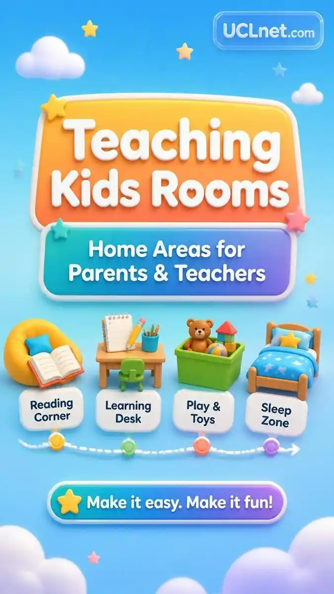 3D educational infographic teaching kids rooms with colorful icons - UCLnet.com 