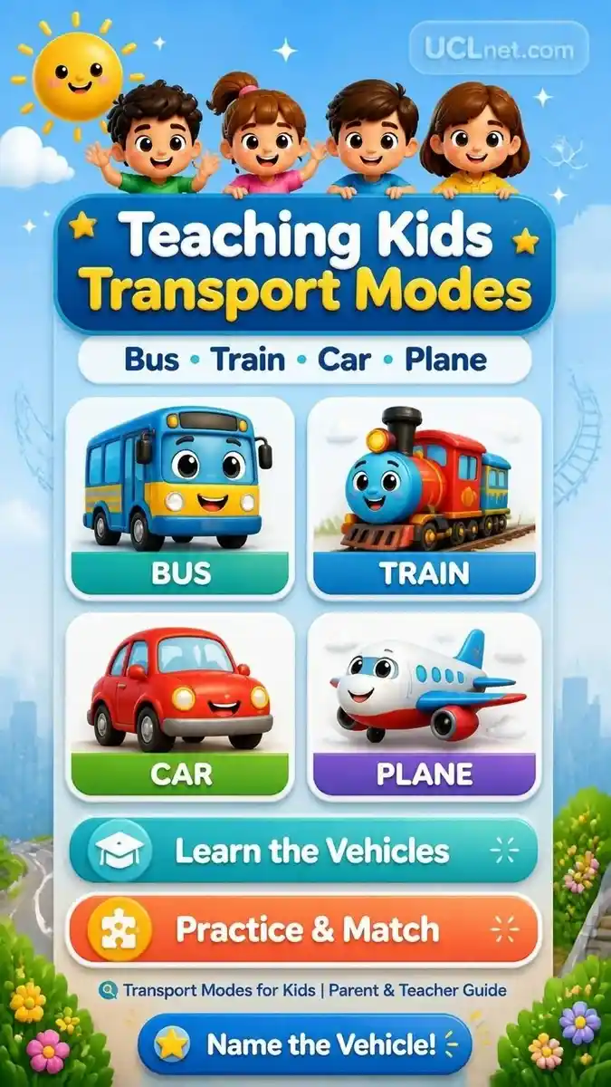 Teaching-Kids-Transport-Modes-UCLnet.com-Educational-Infographic 3D educational infographic teaching kids transport modes with colorful icons for UCLnet.com