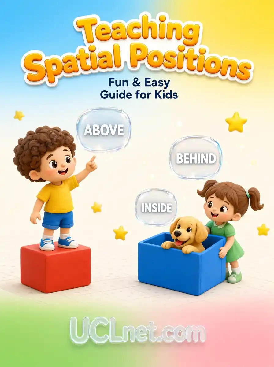 3D educational infographic teaching spatial positions to kids with colorful cubes and cartoon characters for UCLnet.com child psychology guide