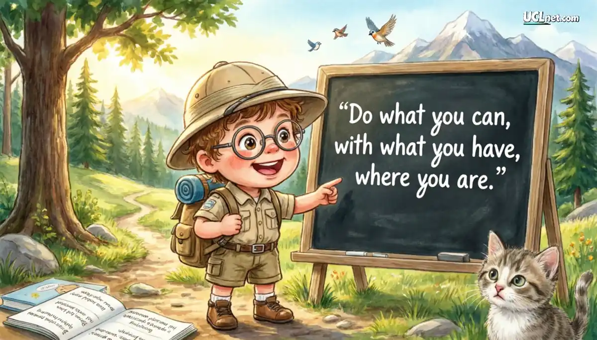 Teddy Roosevelt Quotes for Kids - Inspirational Nature Scene | UCLnet.com Cute boy scout pointing to Teddy Roosevelt quote on chalkboard in nature with kitten, UCLnet.com educational illustration for kids