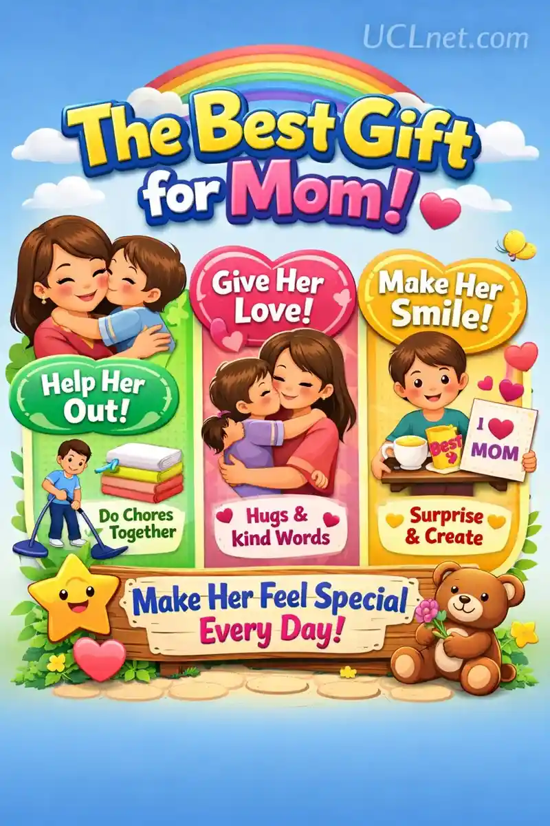 The Best Gift for Mom Story – UCLnet.com Wide 3D educational landscape infographic for kids illustrating “The Best Gift for Mom” story, featuring loving mother‑child scenes, colorful icons – UCLnet.com