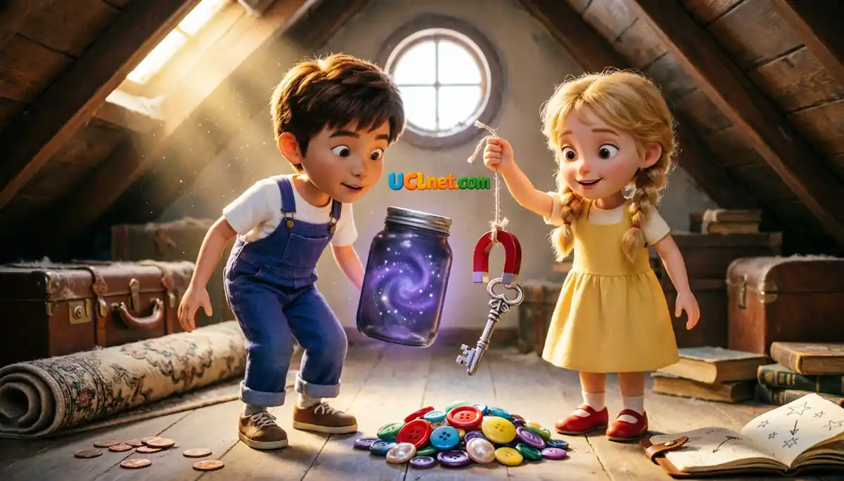 magnets-repelling-experiment - UCLnet.com Two happy children, Leo and Emma, using a red horseshoe magnet to find a hidden key inside a big box during a magnet science experiment- UCLnet.com