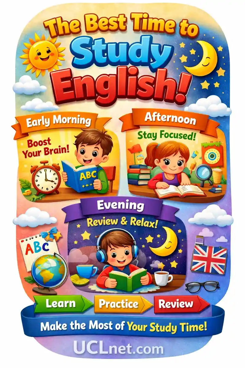 Best Time to Study English – Educational Kids Infographic | UCLnet.com 3D mobile infographic for kids explaining the best time to study English with colorful morning–afternoon–evening sections and transparent glass UCLnet.com branding – UCLnet.com