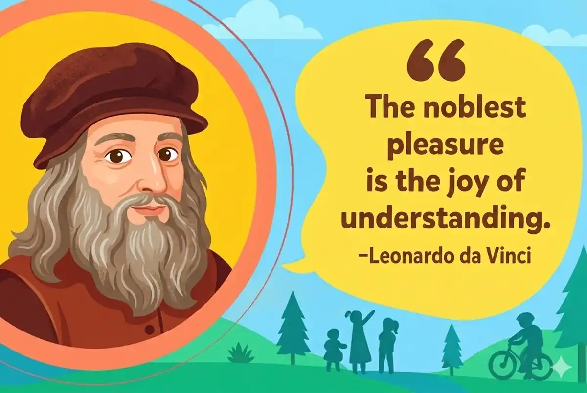Friendly Leonardo da Vinci character teaching curious kids in a colorful garden - UCLnet.com