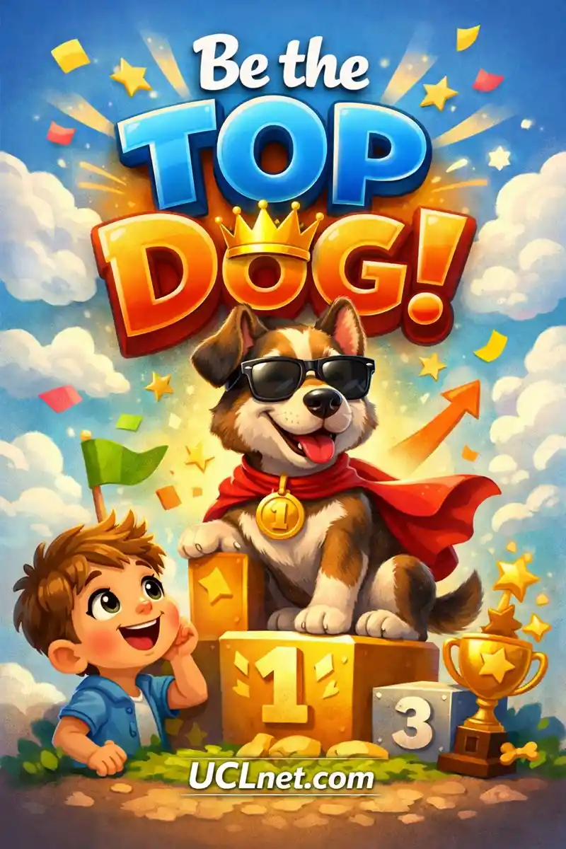 Top Dog Meaning for Kids – UCLnet.com 3D kids infographic explaining the idiom “Top Dog” with a confident dog character, child-friendly visuals – UCLnet.com