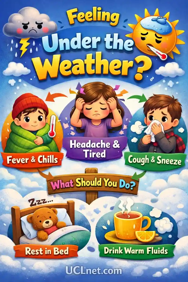 Under the Weather Meaning for Kids – UCLnet.com Colorful 3D kids infographic explaining “Under the Weather” meaning with friendly visuals – UCLnet.com