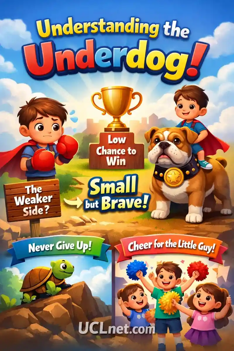 Underdog Meaning for Kids – UCLnet.com 3D kids infographic explaining the idiom “Underdog” with simple visuals – UCLnet.com