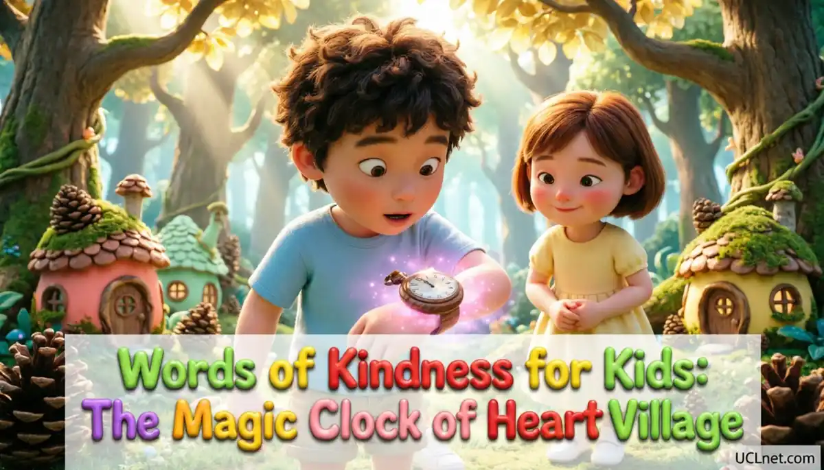 words-of-kindness-for-kids-magic-clock A cheerful little boy looking at his glowing pink heart pocket watch in a magical green forest, discovering words of kindness for kids - UCLnet.com