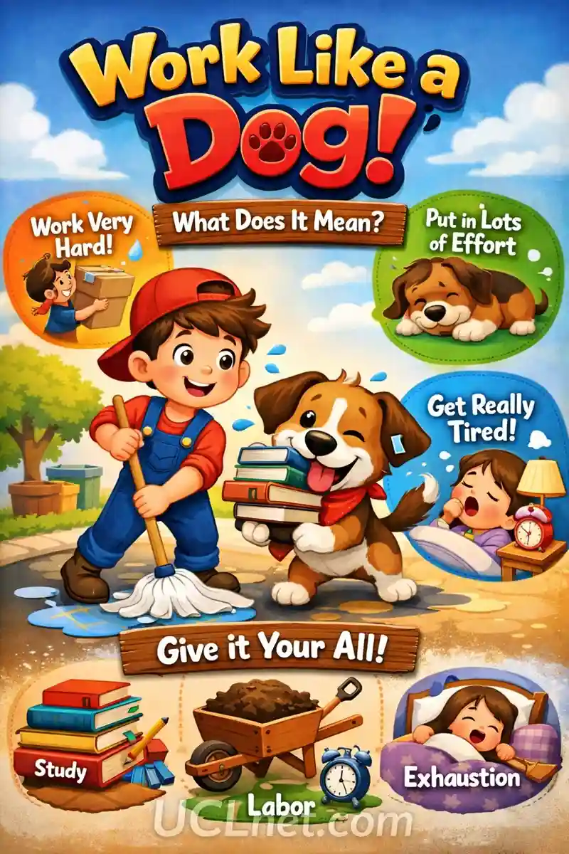Work Like a Dog Idiom – UCLnet.com 3D minimal kids infographic explaining “Work Like a Dog” idiom – UCLnet.com