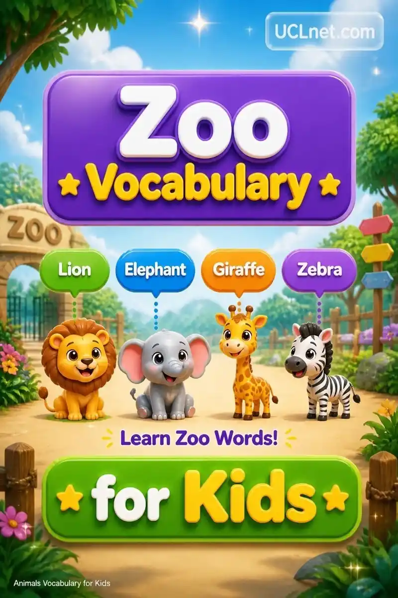 Zoo Vocabulary for Kids (Animals Vocabulary for Kids) — UCLnet.com Mobile-friendly kids infographic about “Zoo Vocabulary for Kids” with a cute zoo scene, vocabulary chips for Lion, Elephant, Giraffe, and Zebra, and a transparent UCLnet.com glass logo