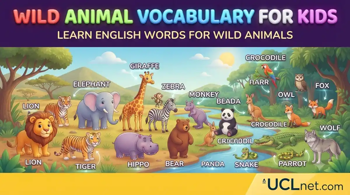 Jungle Animal Vocabulary for Kids: Learn Rainforest Words - UCLnet.com A vibrant, educational 3D infographic banner titled 'JUNGLE ANIMAL VOCABULARY FOR KIDS' featuring various labeled rainforest creatures. - UCLnet.com