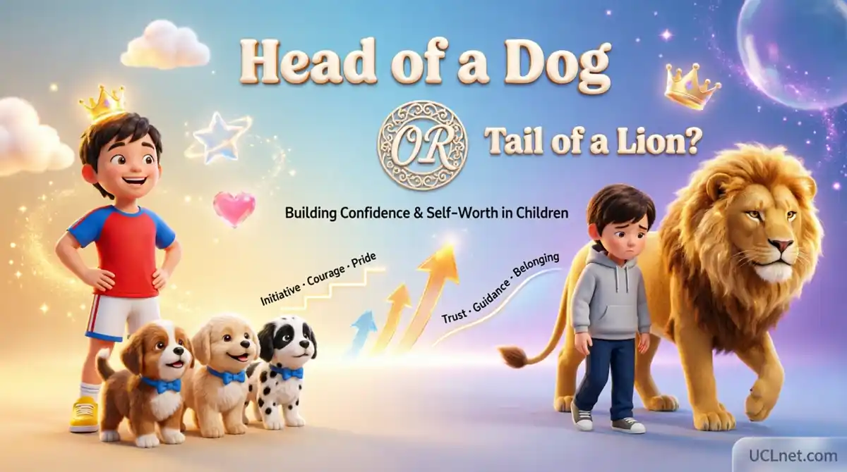 3D Pixar-style educational infographic for children showing 'Head of a Dog vs Tail of a Lion' concept - UCLnet.com