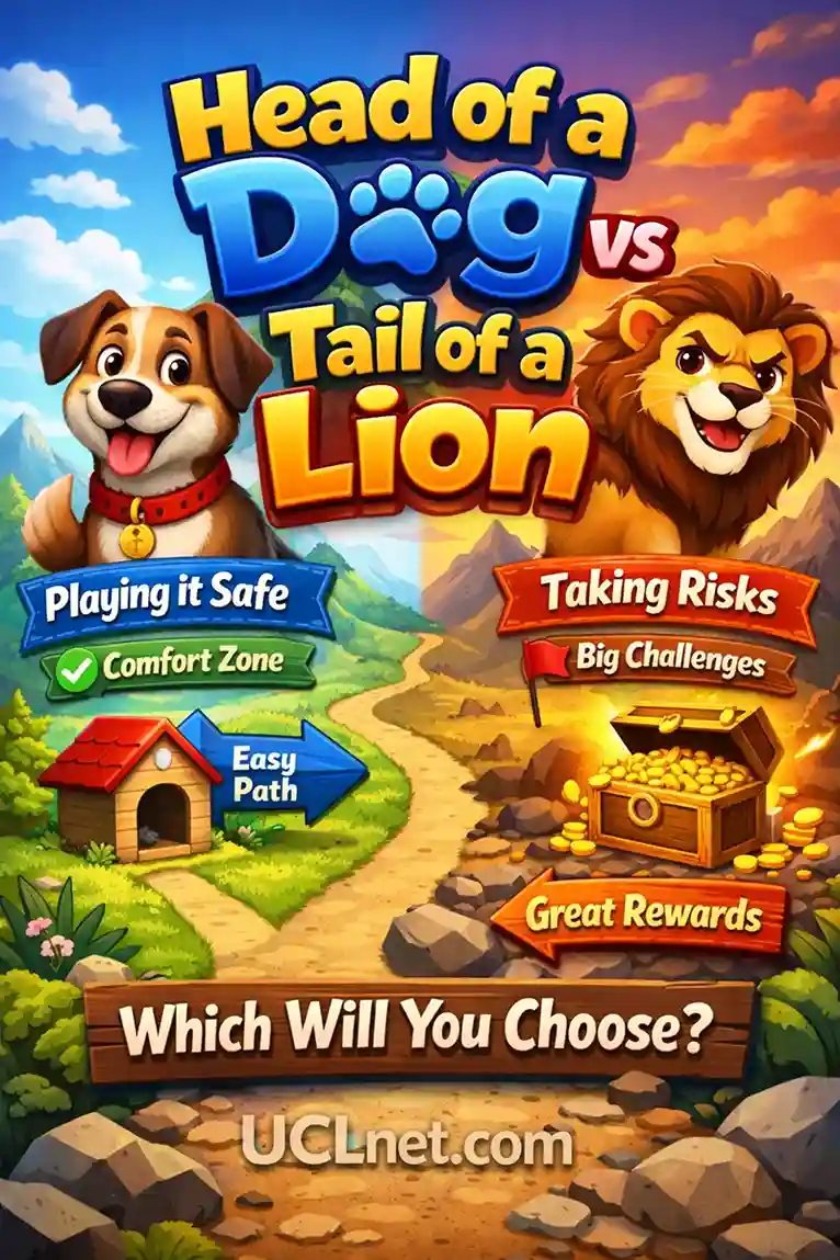 Colorful 3D kids infographic explaining the idiom “Head of a Dog vs Tail of a Lion” with simple examples – UCLnet.com