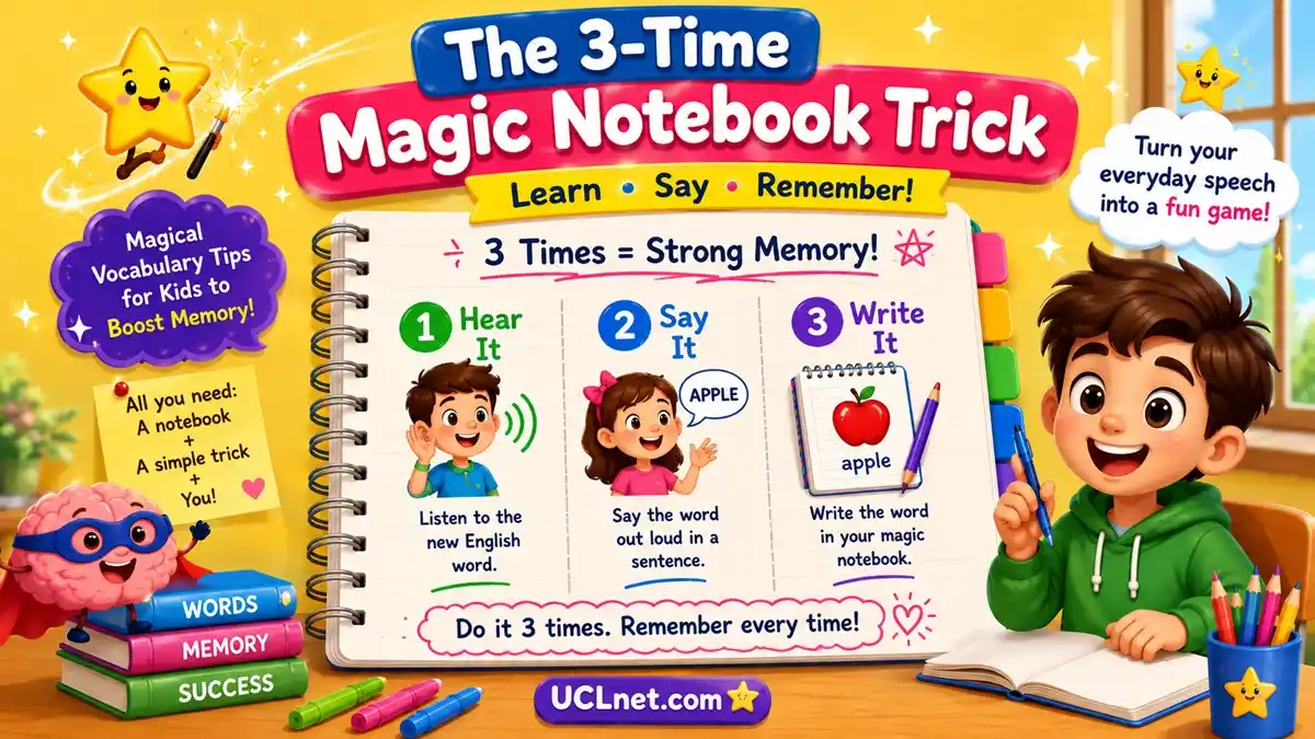 learn English Vocabulary Tips for kids notebook A happy young boy sitting with his mother at a desk discovering helpful vocabulary tips for kids.