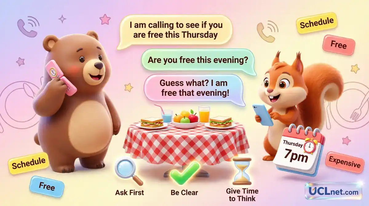 Dinner Invitation Phone Phrases Infographic Educational infographic showing steps and polite phrases for inviting someone to dinner on the phone - UCLnet.com